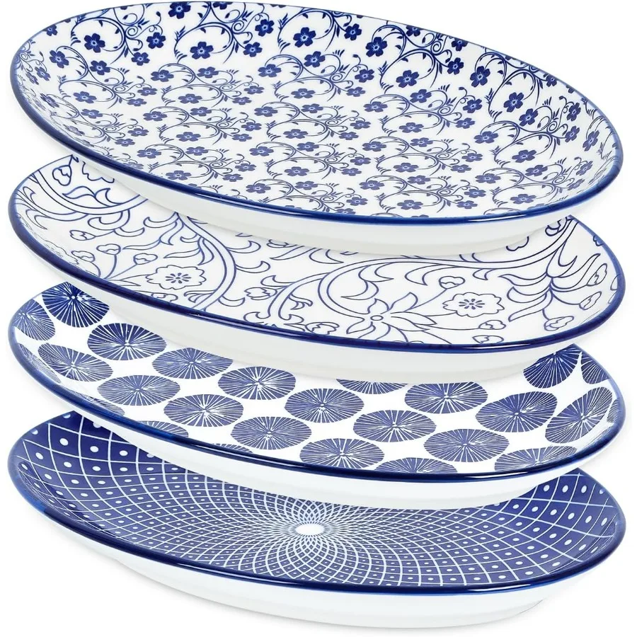 

Vintage Blue Ceramic Oval Serving Platters 12 Inch Set of 4 for Party Entertaining Ideal for Sandwiches Appetizers and Fruit Mi