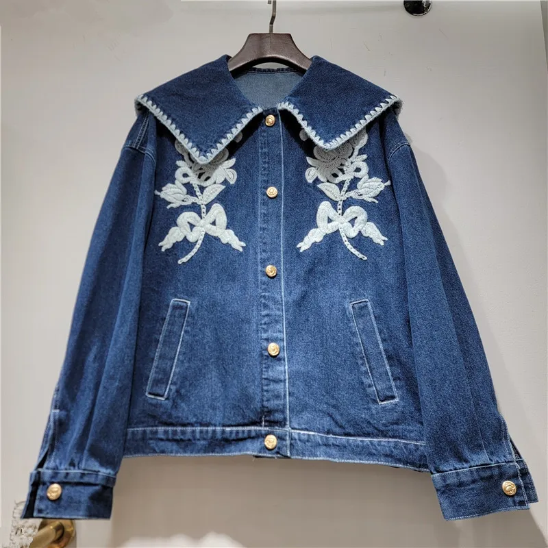 Autumn Women Vintage Flower Embroidery Blue Denim Jacket Big Lapel Single-Breasted Long Sleeve Jeans Jacket Female Basic Coat