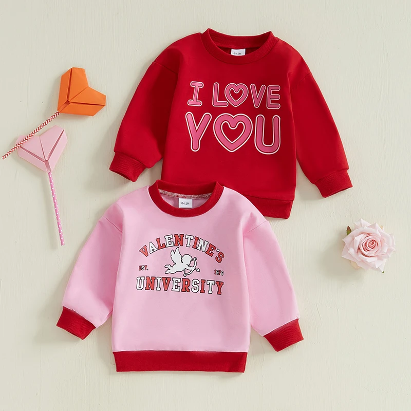 Toddler Infant Valentine’s Day Sweatshirts Long Sleeve Angel/Heart Letter Print Pullover Baby Oversized Tops for Girls Boys