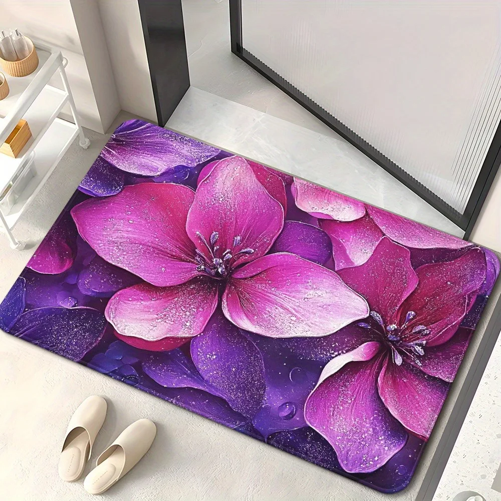 

1PC Purple Flowers pattern Door Mats Kitchen Rugs Non-Slip Pop design Bedroom Rugs Bath Mat Carpet for Home Sink Laundry Decor