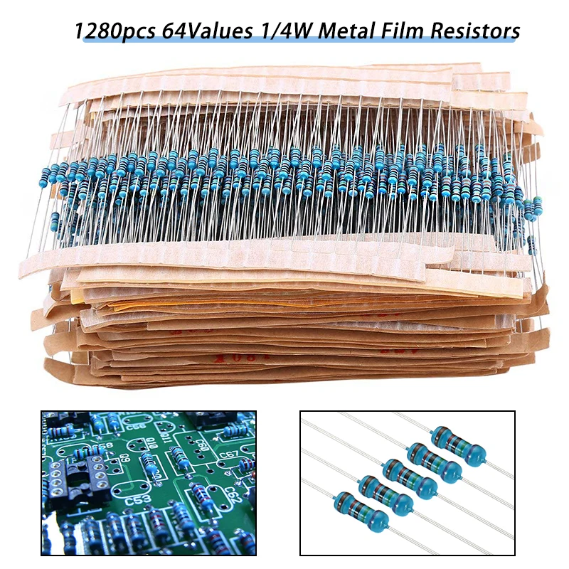 

1280Pcs Resistor Kit, Metal Film Resistors Assortment 1R-10M ohm 1/4W 64 Specifications for DIY Projects and Experiments