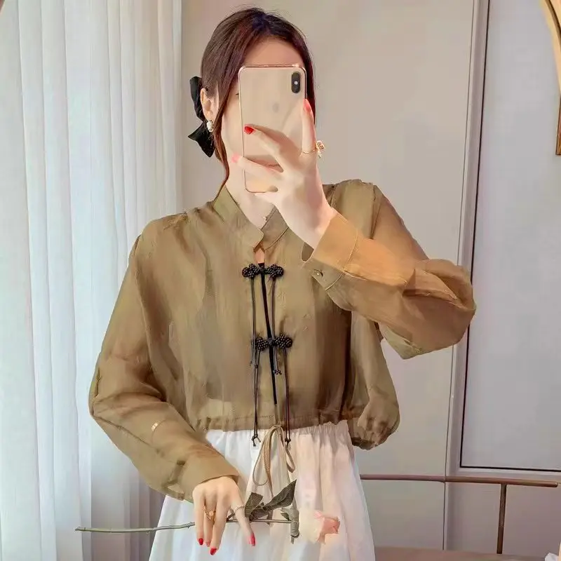 Chinese Style Vintage Summer Women's Sunscreen Shirts Button Long Sleeve Blouses For Elegant Ladies Sun-proof Casual Clothing