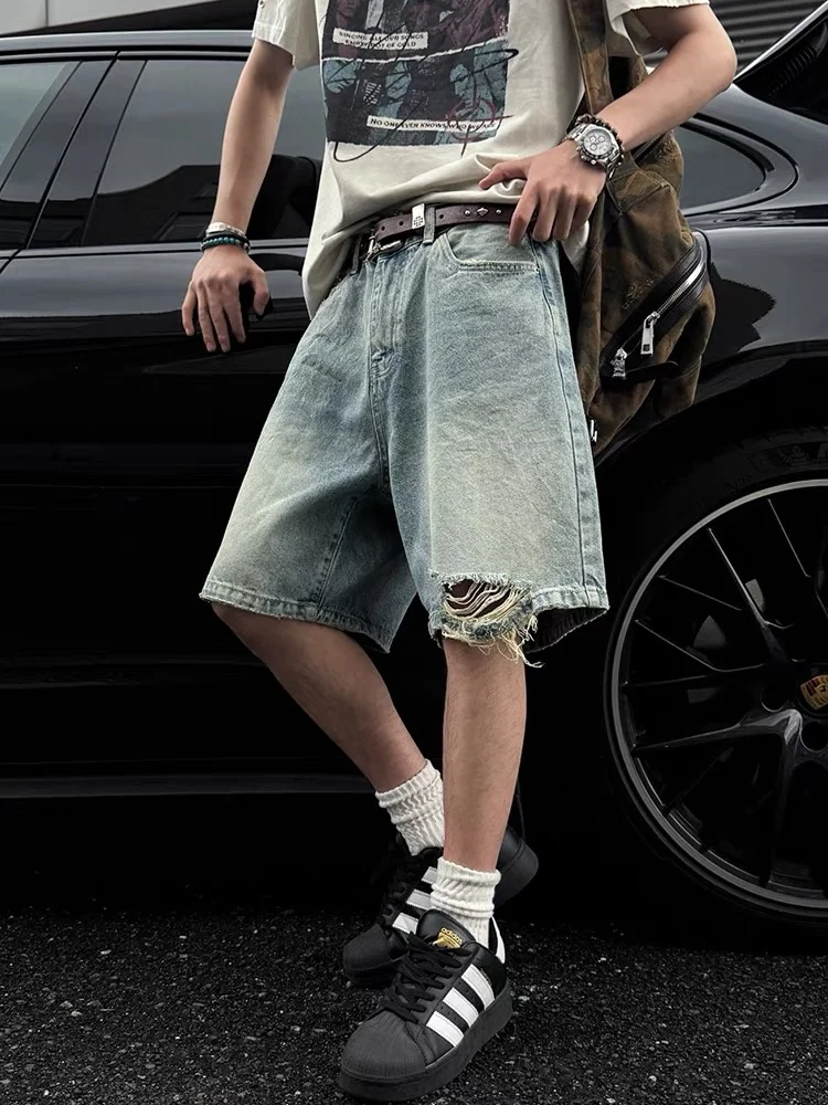 

Retro American Waed Blue Jeans Men's Loose Fit Casual Five-Point orts Breathable Summer orts Trendy High Waist Jeans