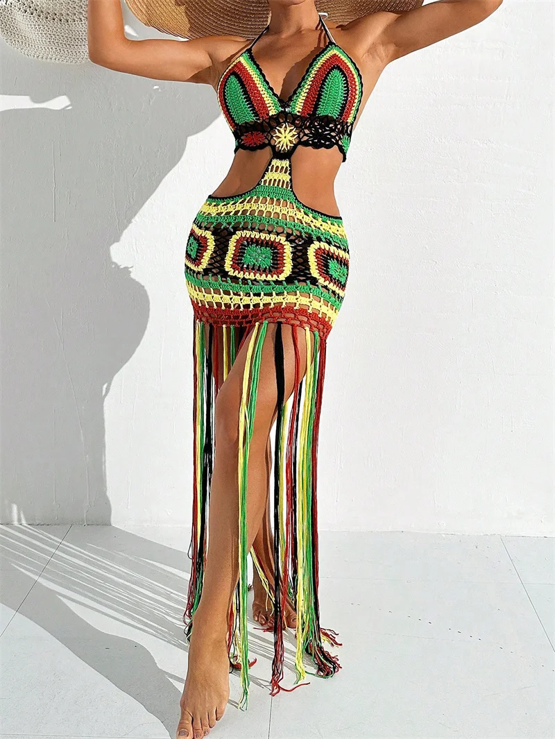 

Women's Sexy Hollow Out Halter Long Tassel Bodycon Dress Beach Knitting Bikini Cover-Up Summer Swimsuit Crochet Swimwear