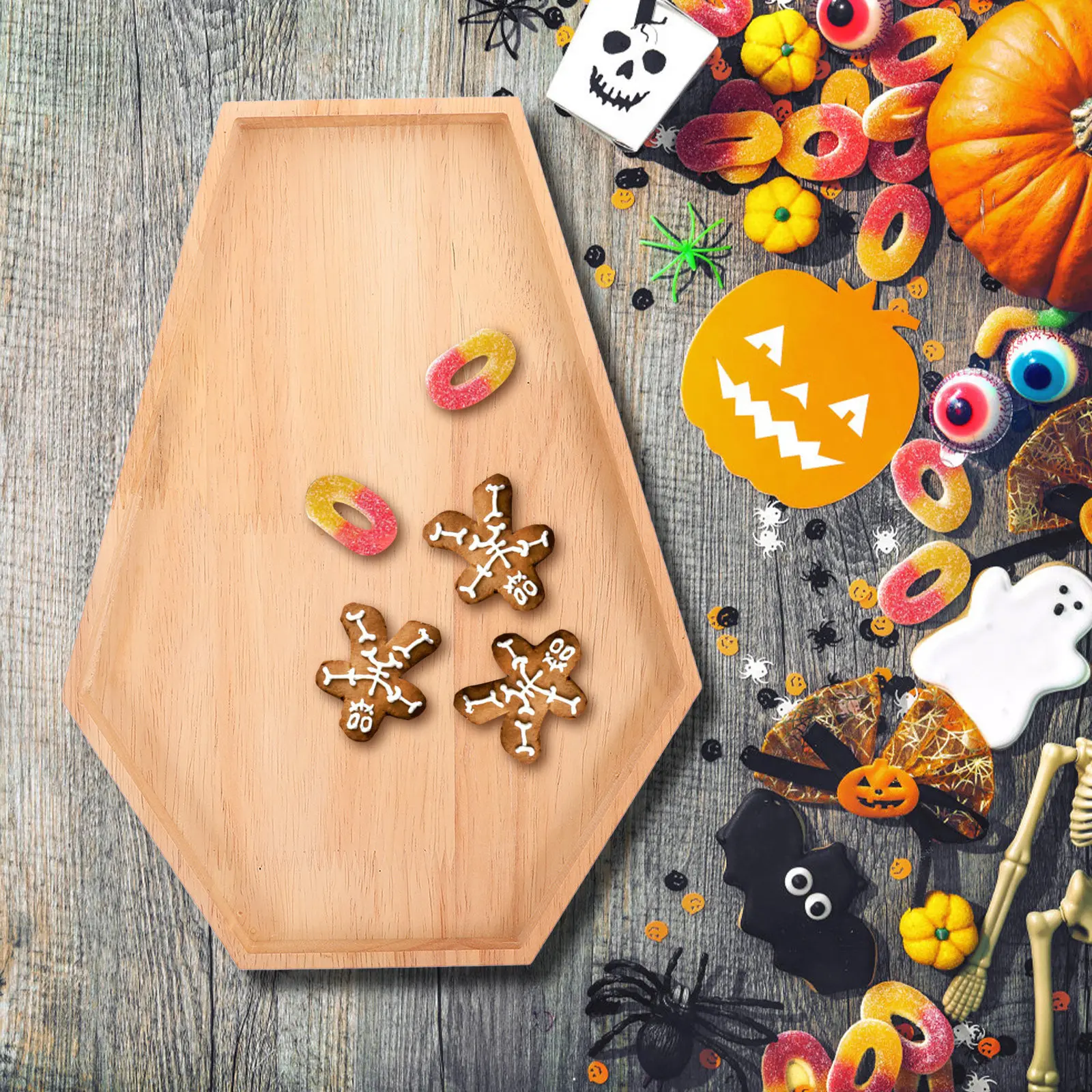 Halloween Themed Wooden Tray Coffin Design Dessert Serving Plate Fruit Snack Board Solid Wood Kitchen Supplies Party Favors