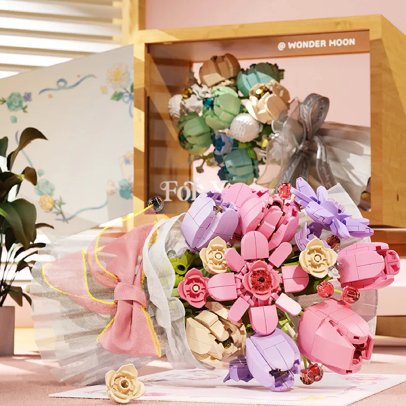 الإبداعية اليد عقد باقة الزهور اللبنات الزهور الأبدية عرض صندوق خشبي لتقوم بها بنفسك الطوب ألعاب الورد لهدية عيد الحب