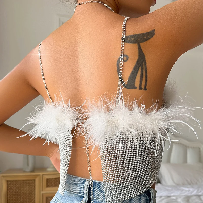 Sexy cota de malla de Metal con lentejuelas hechas a mano, decoración de plumas de diamantes de imitación, Top Halter con lentejuelas, chaleco sin espalda con lentejuelas metálicas para fiesta