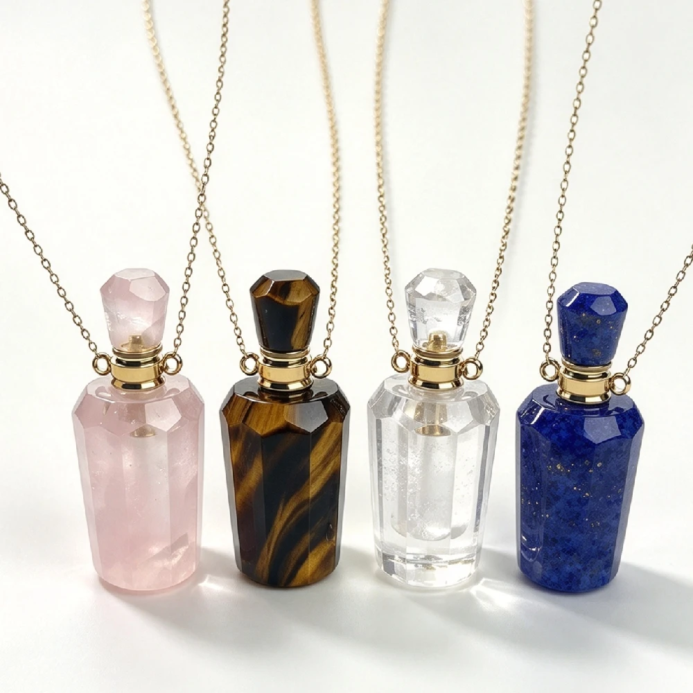 1PC Faceted Natural Rock Perfume Bottle Necklace, Multi-color Essential Oil Vial Pendant Jewelry Golden Plated N2C1104