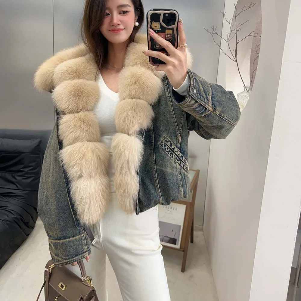 ملابس الخريف النسائية الجديدة معطف طويل الأكمام سترات الدنيم مع ياقة فرو الثعلب الحقيقي