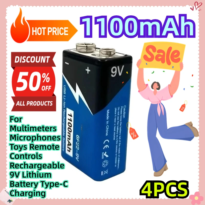 

4PCS 1100mAh For Multimeters Microphones Toys Remote Controls Rechargeable 9V Lithium Battery Type-C Charging