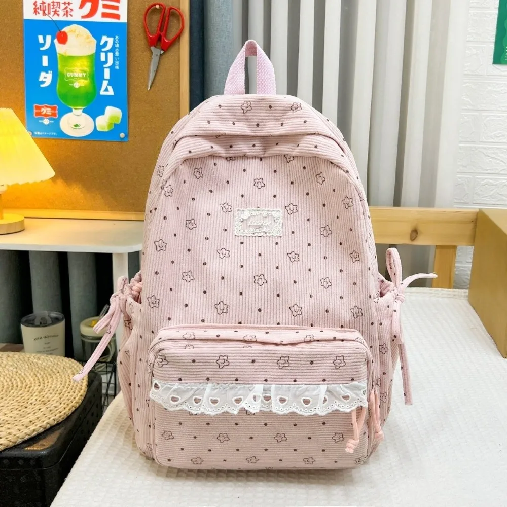 Corduroy Material Corduroy Backpack Lace Floral Print Polka Dot Print Student Backpack Kawaii Style Aesthetic Design