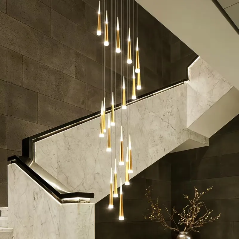 Golden Meteor shower LED Staircase Chandelier Ceiling Modern Minimalist Spiral Hanging lights Living Room Decor indoor Lighting