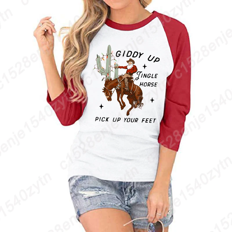 Рождественская рубашка Giddy Up Jingle Horse Pick Up Your Feet, женская летняя футболка с круглым вырезом, рукав три четверти, модная футболка