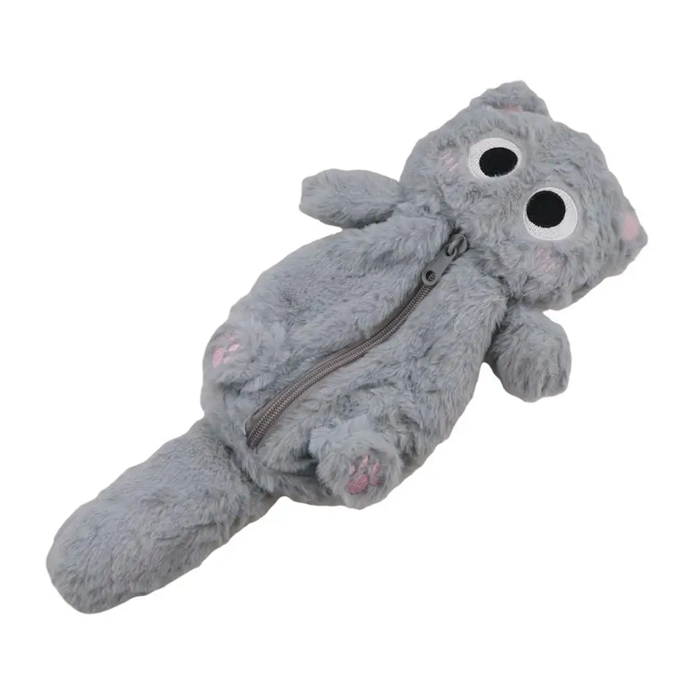 Plush Gray Cat Pencil Bag Large Capacity Thicken Cute Kitten Pencil Case Cartoon Animal Zipper Kitten Stationery Bag Student