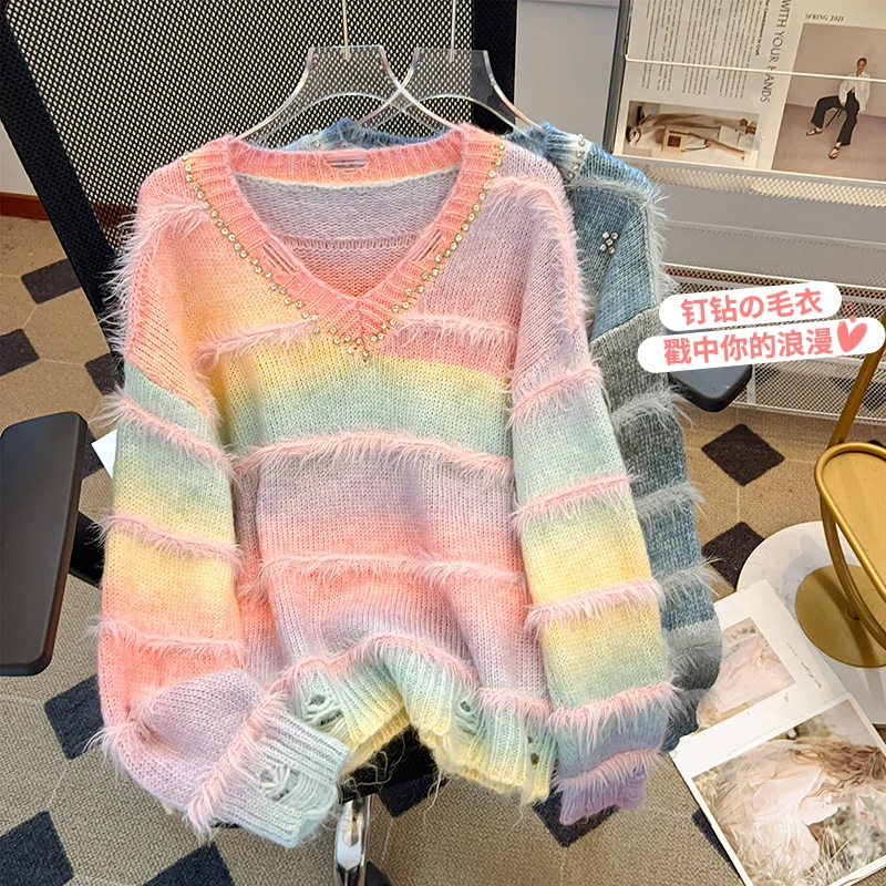 Gradient Pink Striped Hit Clor Knitted Sweater Tops New Autumn Winter Diamonds V Neck Tassel Hole Loose Pullovers For Women's