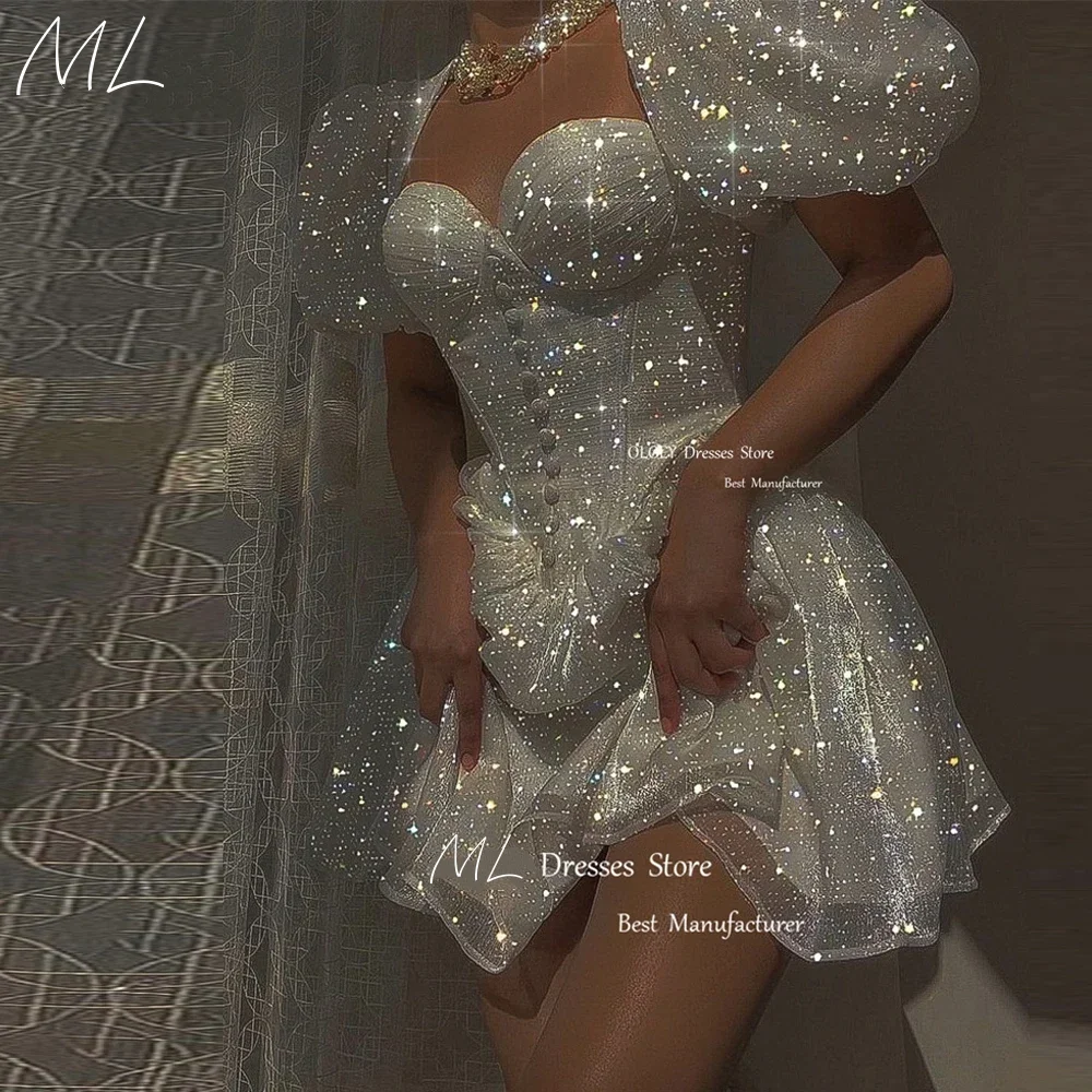

ML Sparkly Glitter White Short Party Dresses Puff Sleeves Sweetheart Organza Cocktail Dress Sexy Shiny Mini Birt Customized 2026