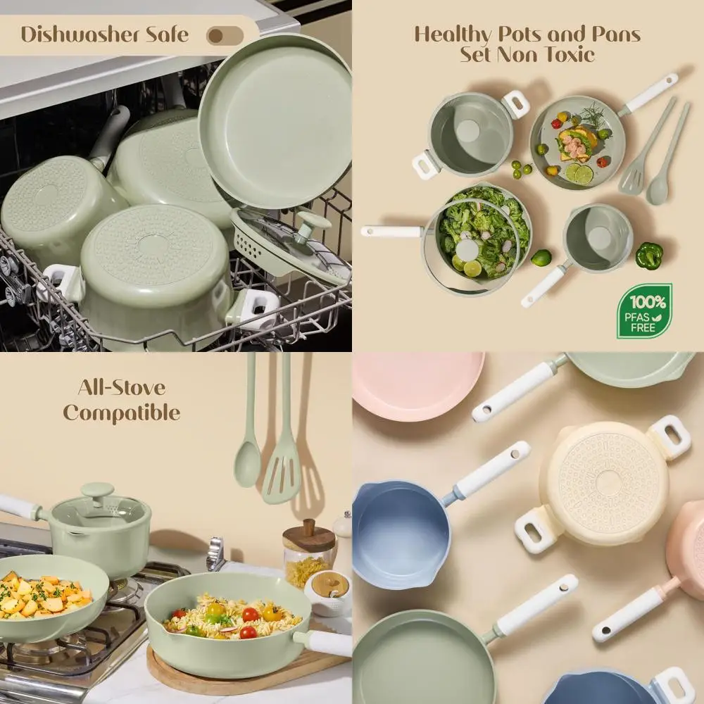 

Зеленый набор керамической посуды с антипригарным покрытием, 9 предметов, без PFAS, можно мыть в посудомоечной машине, идеально подходит для автофургонов и кемпинга