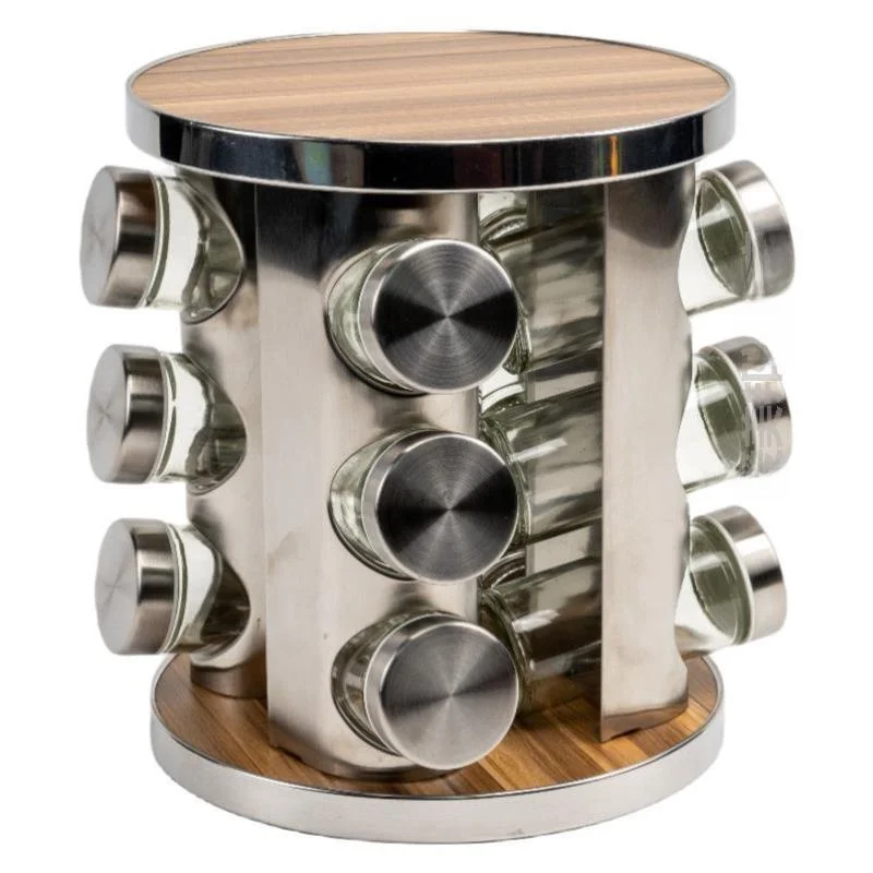 

Luxury Rotating Spice Rack Storage Box Kitchen Organizer Salt Pot Combination Set Hexagonal Stainless Steel Cooking Accessories