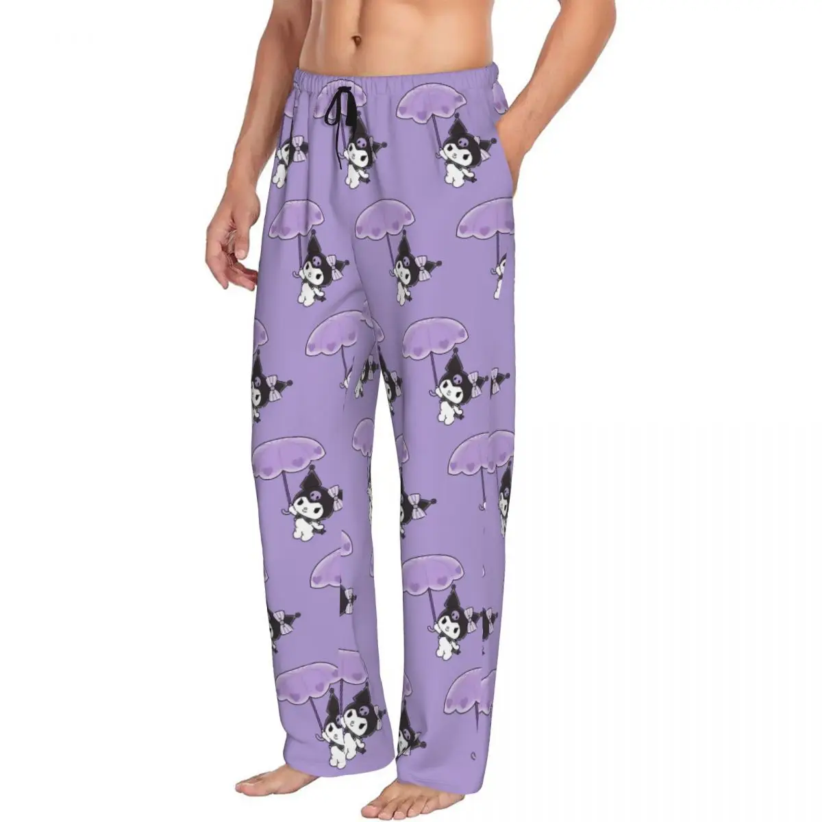 Custom Kuromi Purple Umbrella Pajama Pants Men's Animation Cute Sleepwear Lounge Sleep Bottoms Stretch with Pockets