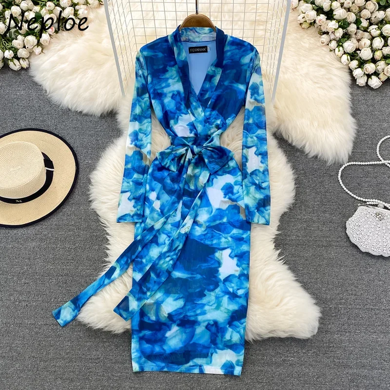 Neploe Spring 2024 New Long Sleeve Dress for Women V-neck Printed Vestido De Mujer Bow Bandage High Waist Ladies Dresses Female