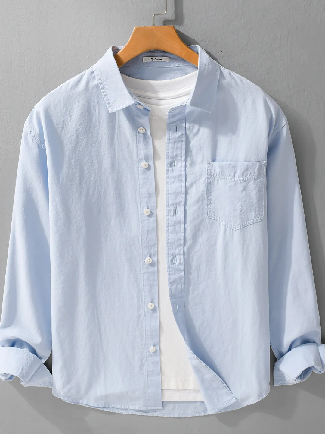 Men's Casual Cotton Shirt Long Sleeve Pure Color Collar Lightweight Breathable Spring Autumn White Base Versatile Cotton Blend
