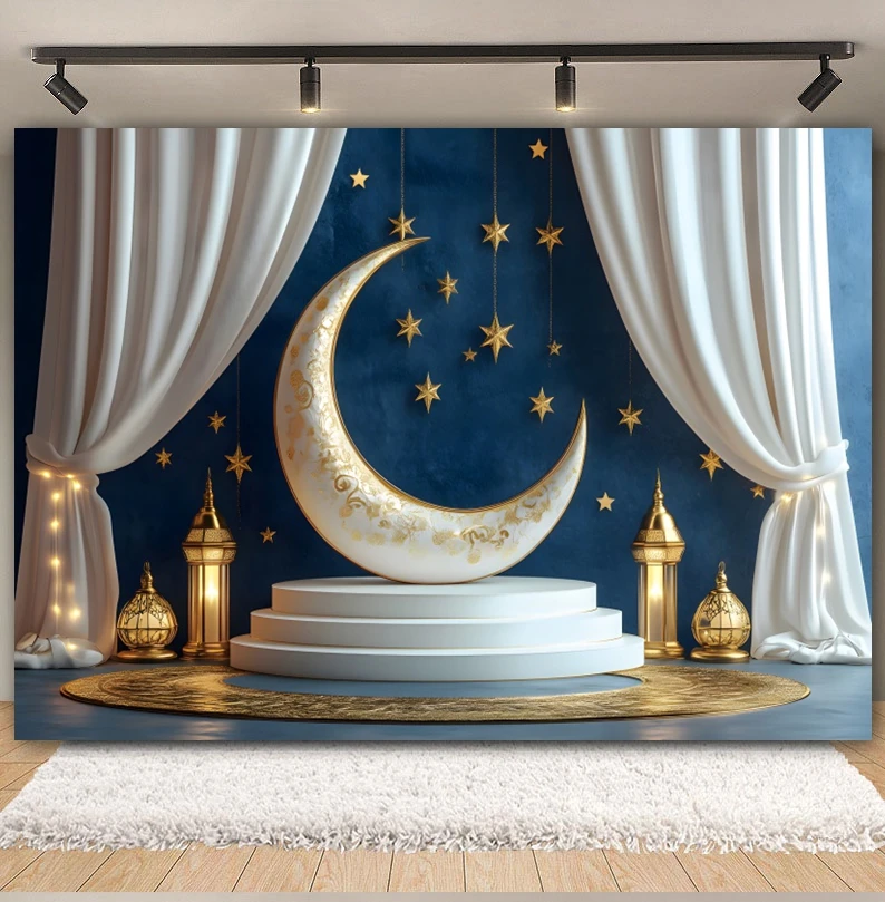 Eid Mubarak Photography Backdrops Mosque Gold Moon Lantern Muslim Ramadan Kareem Islamic Festival Party Decor Photo Background