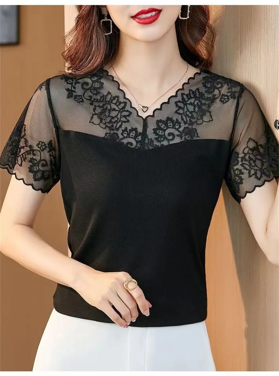 Women Summer Style Lace Blouses Shirts Lady Casual Short Sleeve Hollow-out Stand Collar Embroidery Lace Blusas Tops DF4910