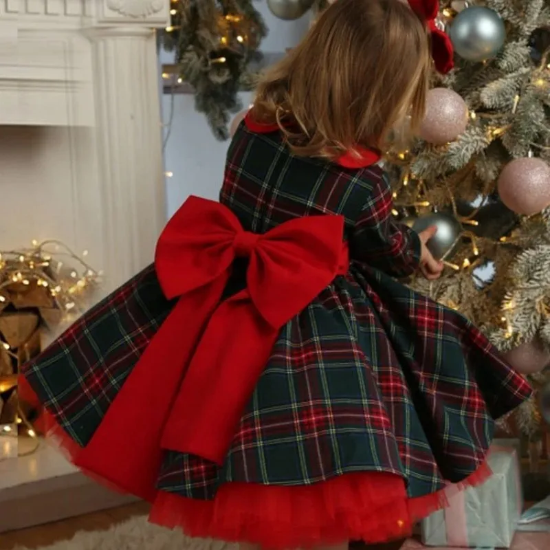 

Girl Princess Christmas Checkered Dress New Mesh Children's Long Sleeve Bow Western Style Dress