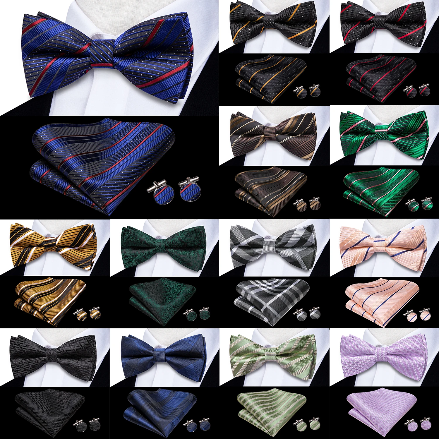 Hi-Tie Silk Mens Striped Bow Tie Royal Blue Red Hanky Cufflinks Set Pre-tied Butterfly Knot Bowtie for Male Wedding Business