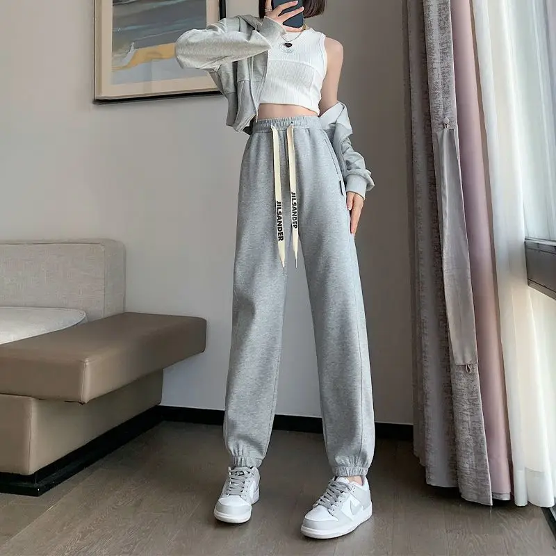 Spring Autumn Annals Female Loose Fitting Leisure Elastic Sports Pants Women New Appear Thin Versatile High Waisted Sweatpants