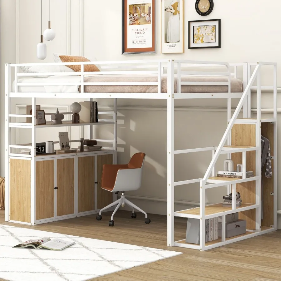Tempat Tidur Loteng Logam Ukuran Penuh dengan Tangga Penyimpanan, Rak Lemari, dan Loker Putih