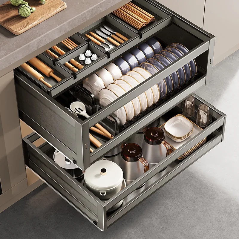 

Basket Kitchen Cabinet Drawer Three-layer Seasoning Space Aluminum Alloy Kitchen Cabinet Built-in Dish Rack Dish Basket