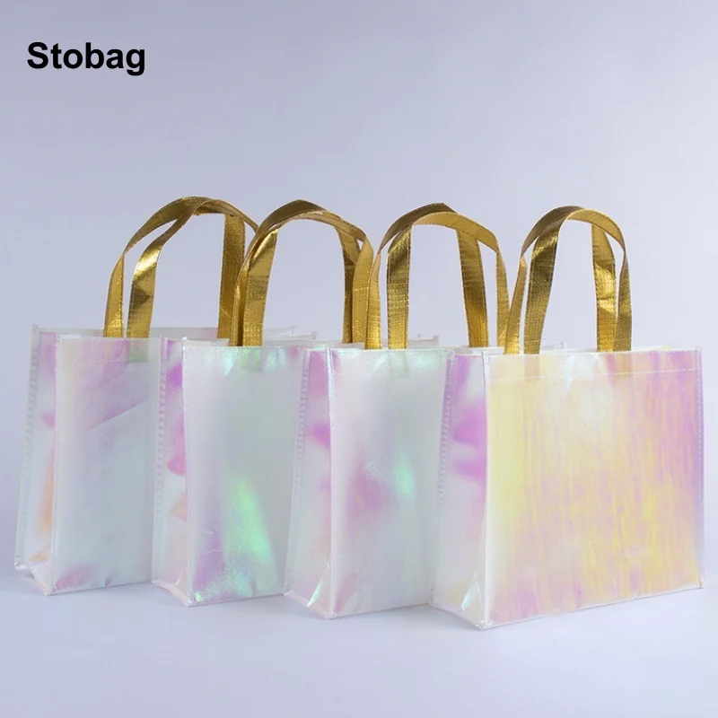 

StoBag 20pcs Laser Non-woven Tote Bags Shopping Shoulder Fabric Woman Storage Reusable Large Pouches Custom Logo(Extra Fee)