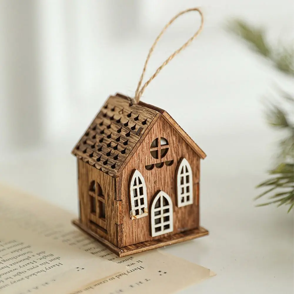 Mini Christmas Wooden House Pendant LED Light Natural Glowing House Ornament Exquisite Xmas Tree Hanging Decoration