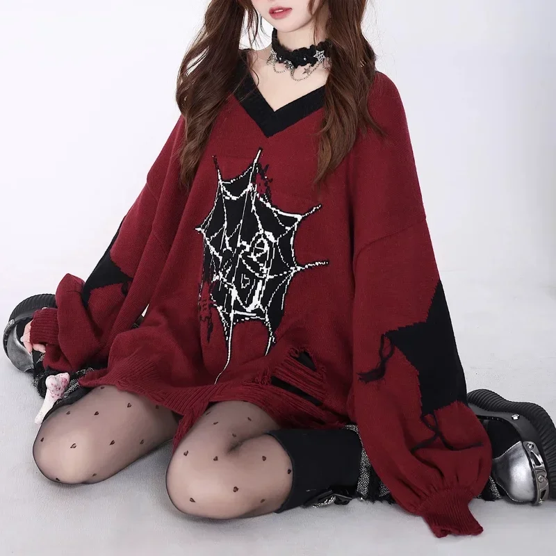 Deeptown Y2k Gothic Frauen Pullover Harajuku Japanische Mode V-ausschnitt Stricken Pullover Loch Übergroßen Kontrast Farbe Grunge Herbst