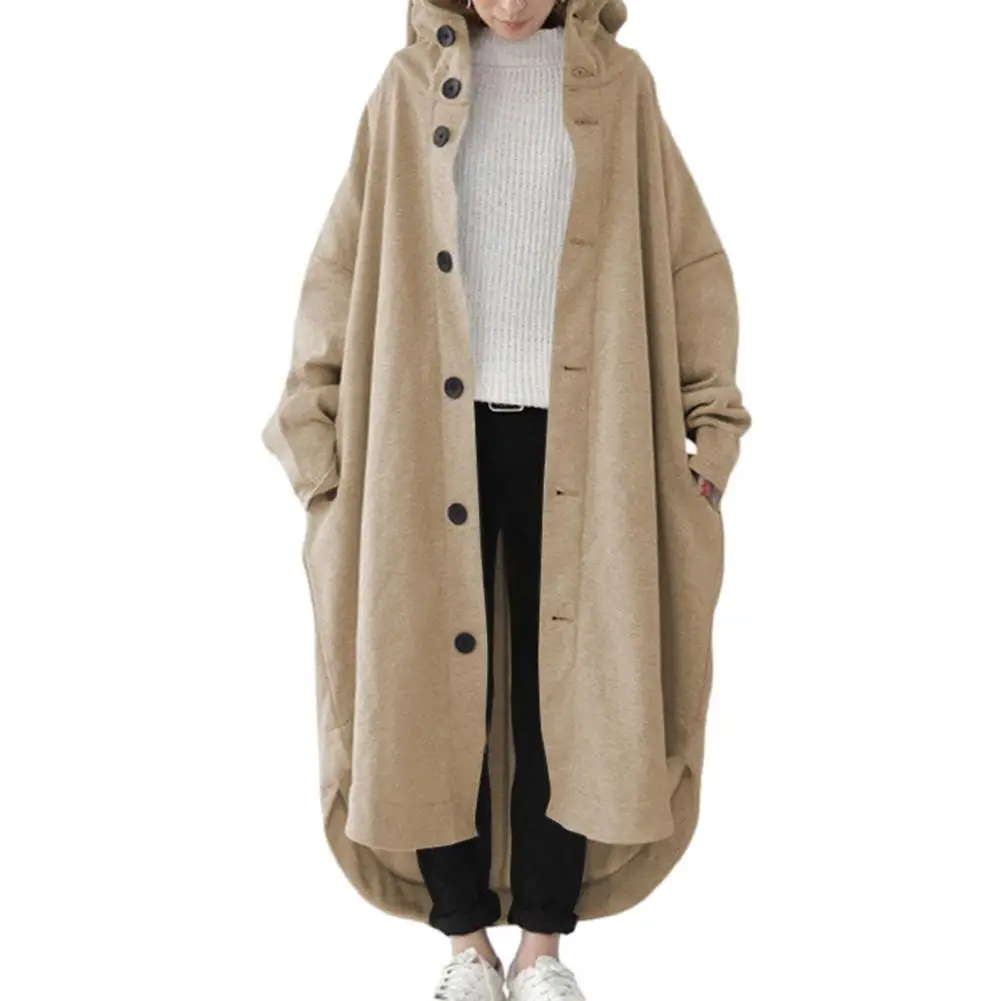 Loose Fit Coat Stylish Women's Hooded Winter Trench Coat with Irregular Hem Long Sleeves Thick Pockets Ankle Length for Outdoor