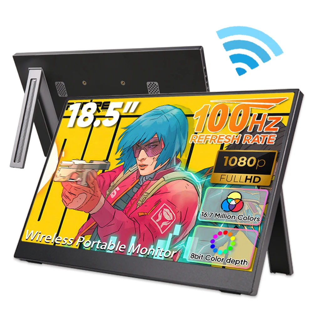 

Беспроводной проекционный монитор AHXJKA 18,5 дюйма, 100 Гц, с автоматическим поворотом, портативный дисплей для ноутбуков, Mac и телефонов, проекция по Wi-Fi