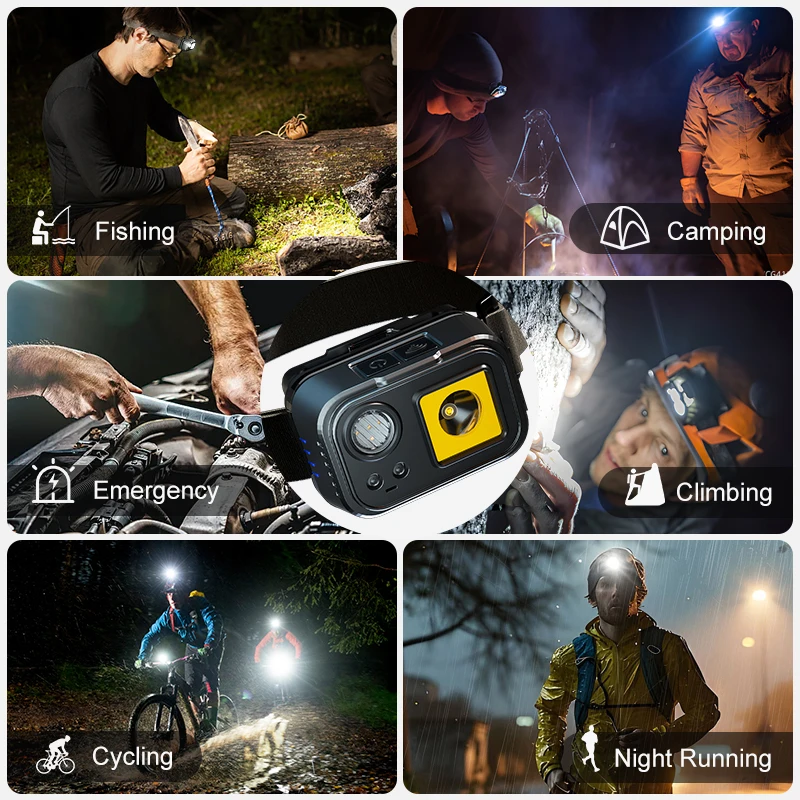 WAESUN 300LM Super Bright Long Range Headlamp, 5 Modes with COB, Fixed Focus, 90° Adjustable Angle, IPX6 Waterproof, Type-C