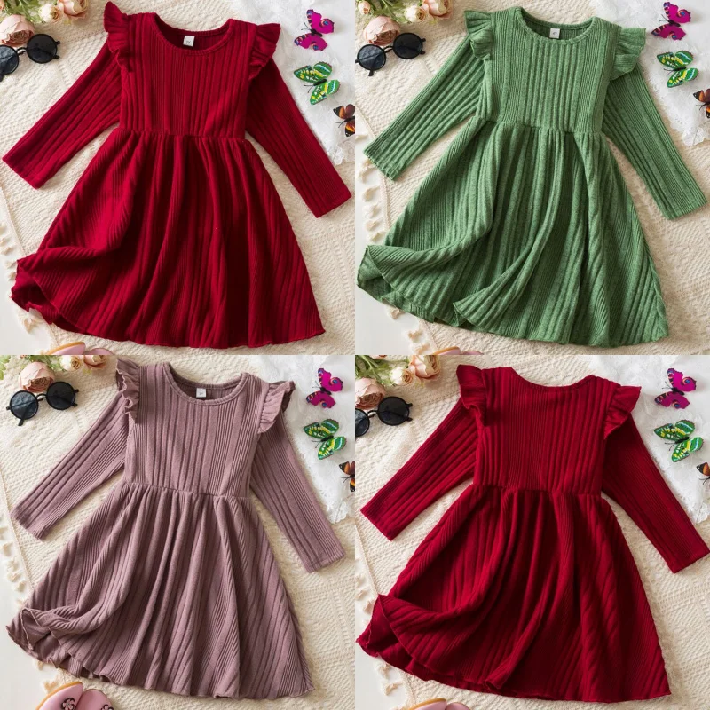 

Autumn and Winter New Girls Dress Solid Color Long Sleeve Princess Dress Children's Casual Dress Christmas Red Dress