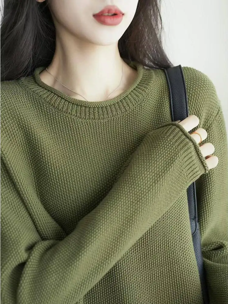 

00% Pure Cotton Knitted Sweater Women's Loose Fit Spring Autumn New Sle Faionable Bot irt Comfortable Skin-friendly