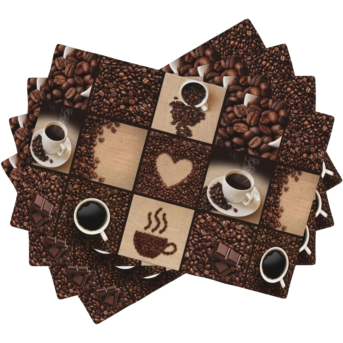Coffee Bean Coffee Cup Chocolate Patchwork Print Rectangular Placemats Set Vintage Dining Table Decor Mats 4PC 6PC 8PC