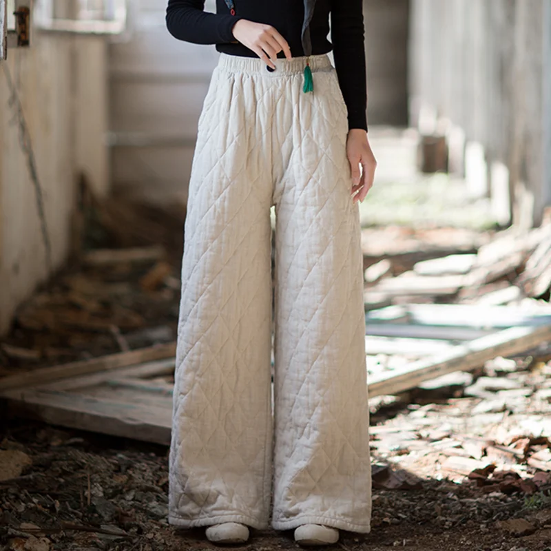 Women's Ethnic Vintage High Waist Loose Long Trousers Baggy Cargo Wide Leg Cotton Oversize Clothes with Elastic Waist Large Size