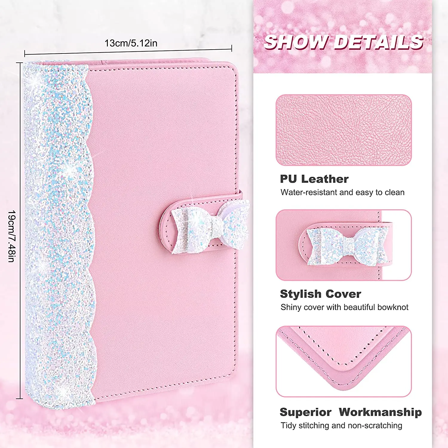 A6 Cute Bow Budget Binder Shiny Leather 6 Ring Mini Binder for A6 Binder with Magnetic Buckle Closure