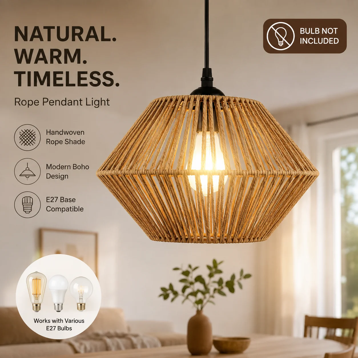 E27 Hemp Rope Woven Iron Adjustable Pendant Lamp with 1.2m Hanging Wire for Kitchen Island Bar Corridor Decorative Lighting Bulb