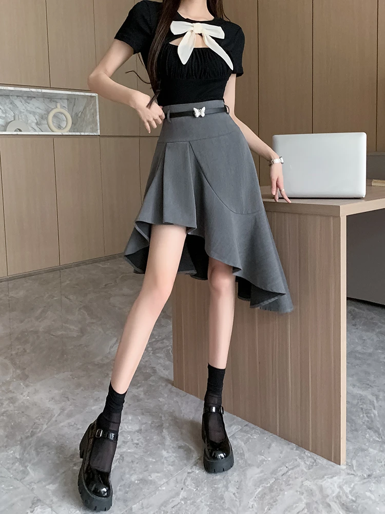 2024 Letnie spódnice damskie Slim Solid Color Irregular High Waist Ruffles Design Spódnica Summer All Match Elegancka odzież damska