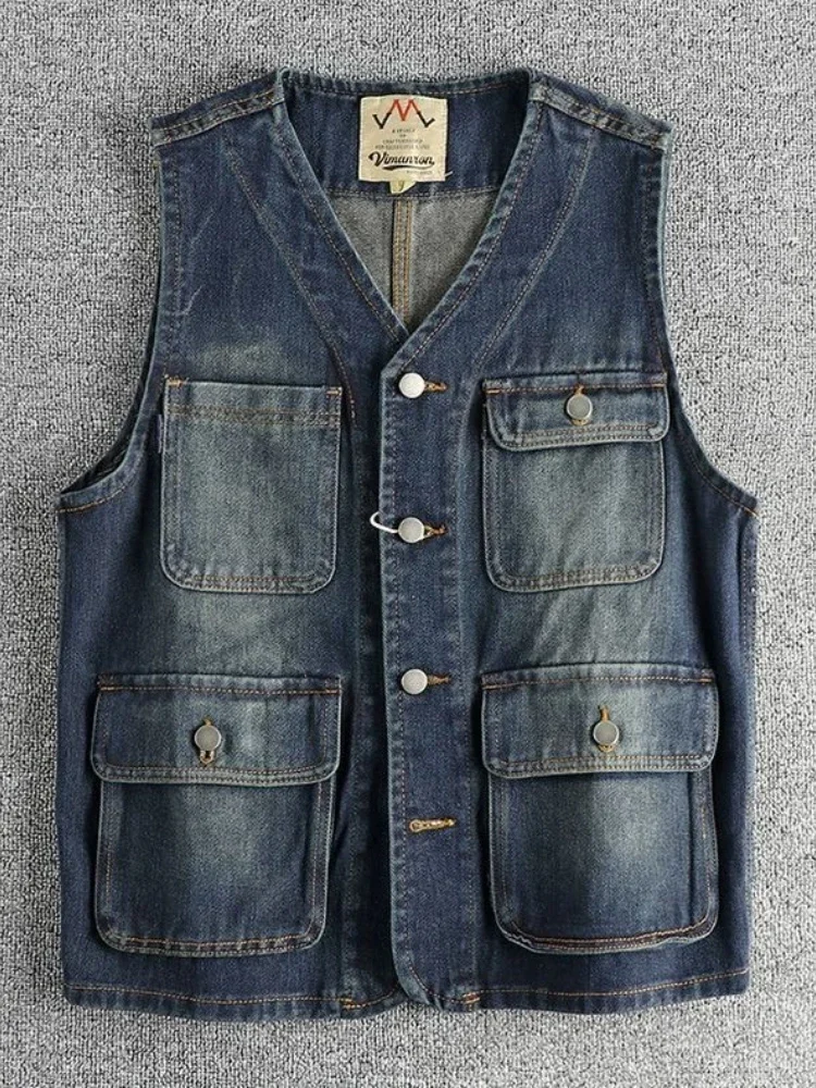 

Винтажный джинсовый жилет с несколькими карманами, мужской потертый жилет без рукавов в американском стиле, повседневный прочный многослойный жилет с металлическими пуговицами