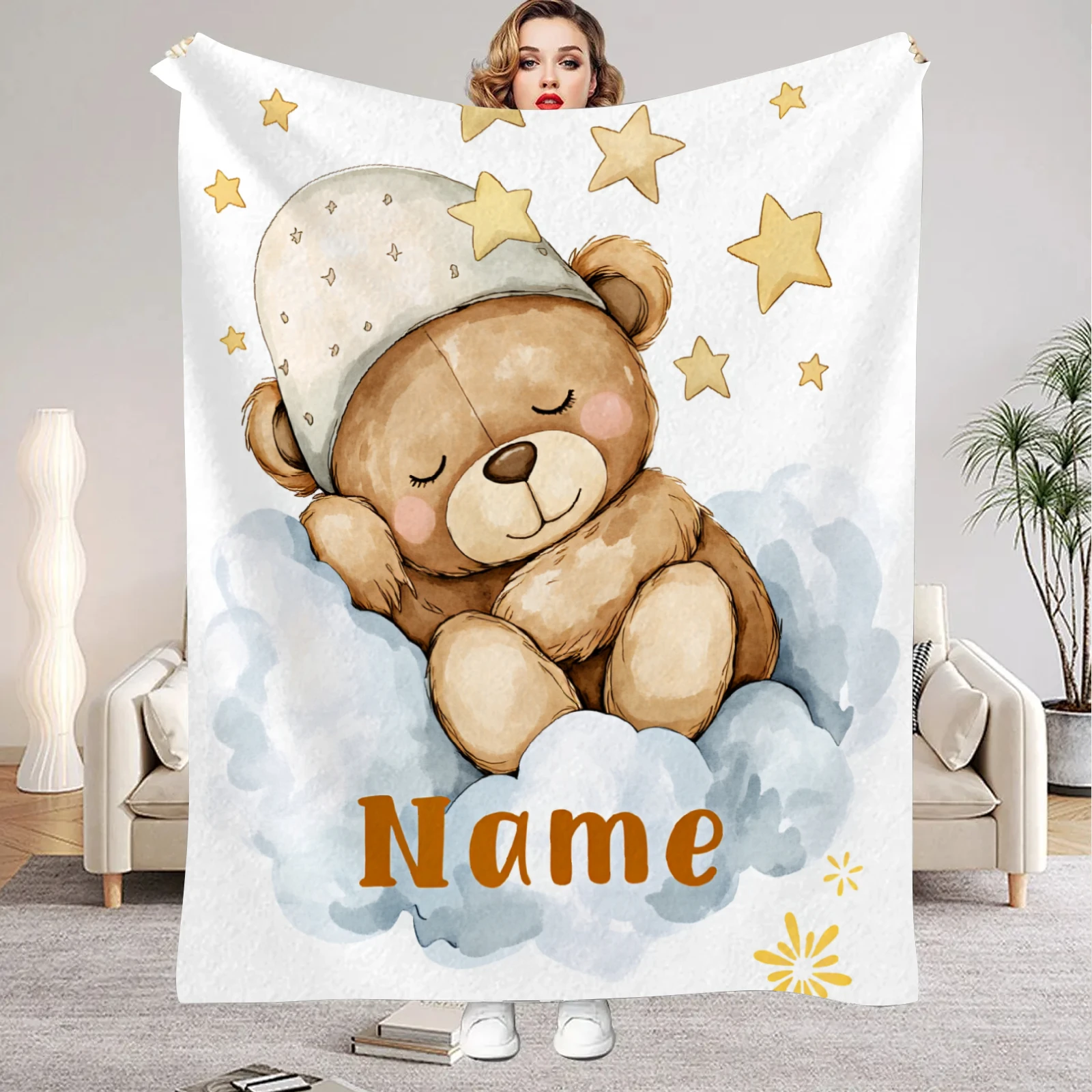 Sleeping Teddy Bear Blanket With Name Customized Flannel Blanket For Kids Boys Girls Soft Birthdays Gift Home Bed Sofa Decor