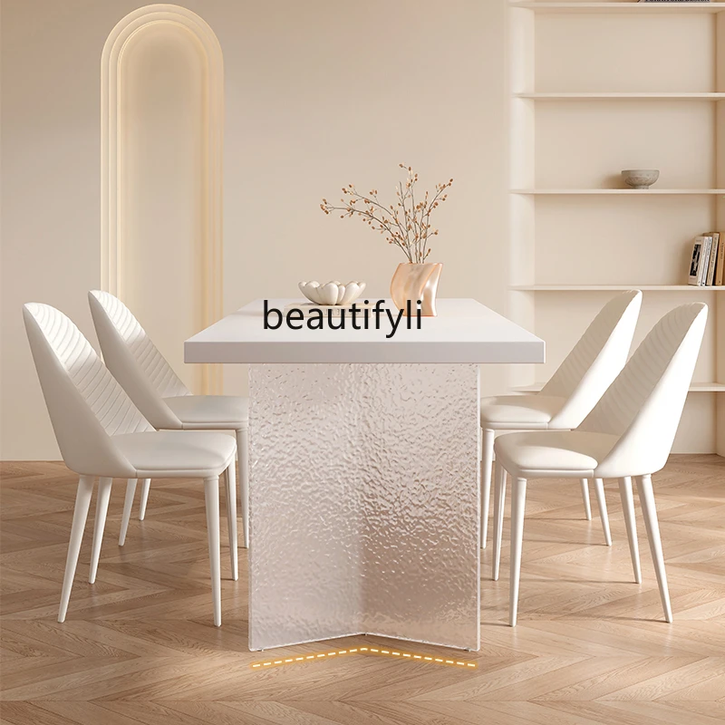 

Simple modern rectangular cream wind acrylic suspended dining table hanging under the rock slab dining table