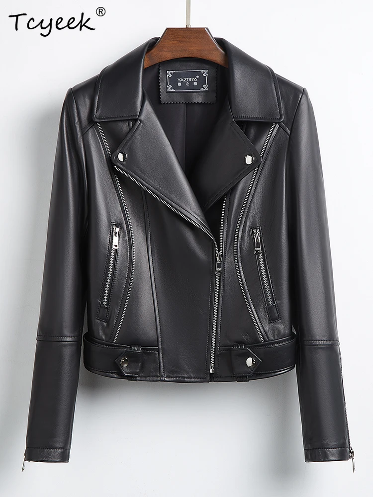 Tcyeek Schaffell Frauen Leder Jacke Frühling Herbst Anzug Kragen Lange Ärmeln Schwarz Kurze Motorrad Jacke Chaqueta Cuero Mujer