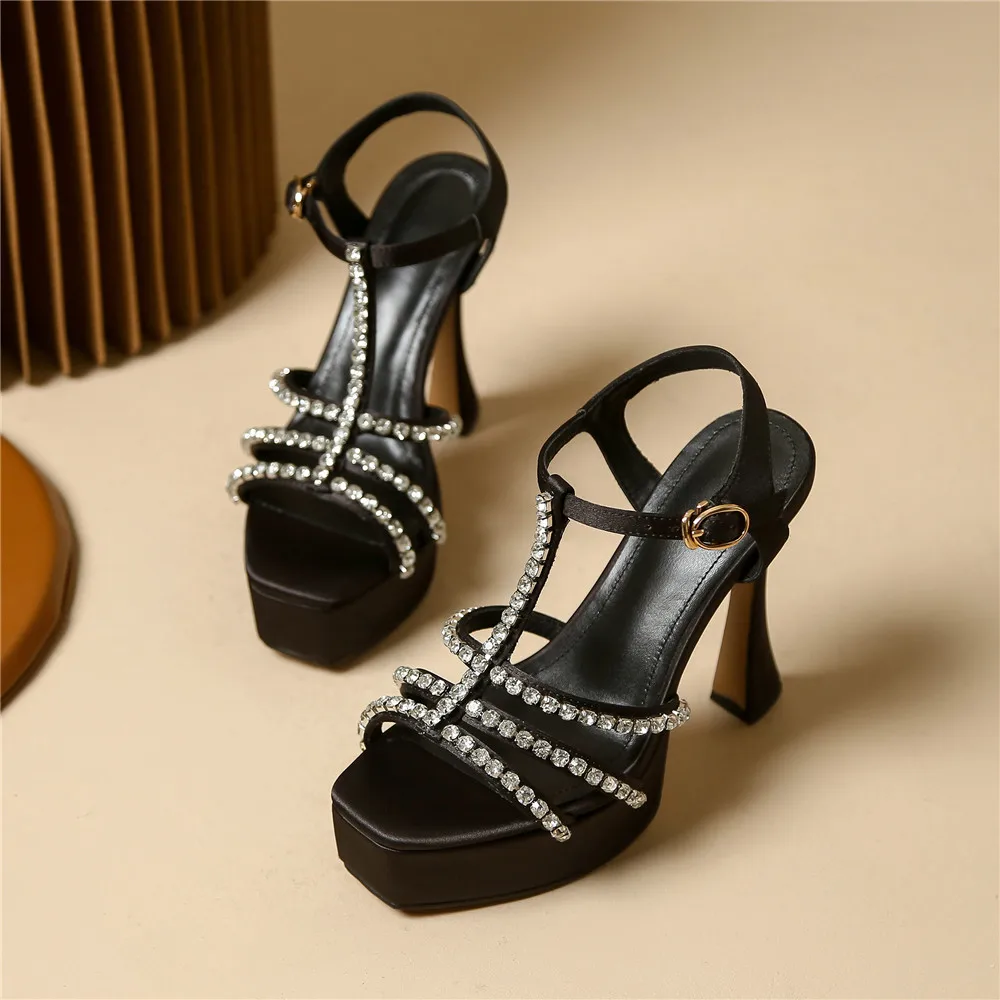 Aucegi New Design Platform Block High Heels Rhinestone Gladiator Sandals Fashion Square Toe Ladies Elegant Banquet Wedding Shoes